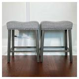 (2PC) PAIR UPHOLSTERED BARSTOOLS | Gray upholstery on stained grayish wood bases. - l. 20.25 x w. 14
