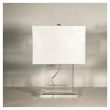 RECTANGULAR CUT GLASS LAMP | Large rectangular clear cut glass lamp with rectangular white lamp shad