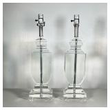 (2PC) PAIR CUT GLASS LAMPS | Rectangular shaped clear cut glass lamps with rectangular cream shades.
