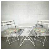 WHITE OUTDOOR BISTRO SET | Includes: 2 folding metal chairs with cushions and round metal folding ta