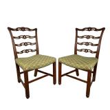 (6PC) CARVED RIBBON BACK DINING CHAIRS | Riveted border on green and yellow cushion with carved ladd