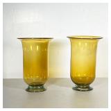 (2PC) PAIR YELLOW GLASS VASES | Pair of large blown yellow glass hurricanes. - h. 12 x dia. 8 in 
