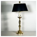 POLISHED BRASS LAMP | Spindle brass stem with corkscrew design and black lampshade with matching fin