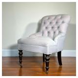 SIDE CHAIR ON CASTERS | Turn toward legs on broadcasters, with splayed back legs, having light blue 