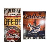(2PC) PAIR VINTAGE AIRPLANE SIGN PAINTINGS | Paintings of distressed and weathered vintage signs wit