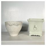(2PC) CERAMIC PLANTERS | Includes light green square planter with lion carving and Lenox white round