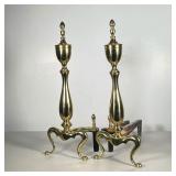 (2PC) PAIR IRON AND POLISHED BRASS ANDIRONS | Spindle polished brass andiron with iron legs and base