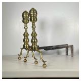 (2PC) PAIR IRON AND BRASS ANDIRONS | Round spindle polished brass with branch-like legs and cast iro