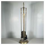 BRASS FIREPLACE TOOLS & HOLDER | Fireplace tools hung from center hook on circular base. - h. 33.5 x
