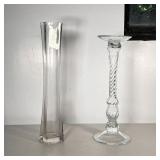 (2PC) LARGE GLASS VASE AND PEDESTAL | Includes tall square glass vase and round glass pedestal with 