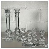 (6PC) CUT GLASS CANDLESTICKS | Includes 4 short hexagonal candlesticks and 2 tall square candlestick