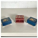(3PC) COLORFUL CARVED MUSIC BOXES | Includes; 2 blue music boxes with lute painted on cover and hand