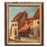 French School (19th/20th Century) | Painting showing figures and horses in a town scene. Signed lowe