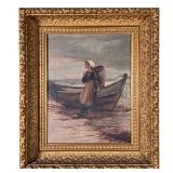 Fisherwoman Oil Painting | 19th century oil on canvas depicts Fisherwoman with Basket with the baske