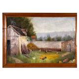 19th Century Farm Oil Painting | Antique oil painting depicting a farmyard with stone barns and graz