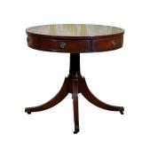 Mahogany Leather Drum Table | Inlaid green leather top, one functional drawer and five faux drawers 