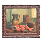 Enrico Tavino Large Framed Oil Painting | Interior still life scene of beets, kitchen crocks, and pi