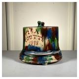 1898 Cheese Dish | Unusual Covered Pottery Cheese Dish in a beautiful mottled blue, green, and brown