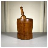 (2pc) Mortar & Pestle | Nice mortar and pestle in nicely grained wood with great patina. Lined turni