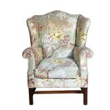 Chippendale Wing Chair | Chippendale style mahogany wingback chair with green leaf and butterfly uph