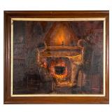 Enrico Tavino Signed & Dated Hearth Oil Painting | Depicts family by fireplace in home, child sleepi