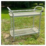 Patio Bar/Food Cart | White enameled with two-tier glass shelves and six round holders for liquor bo