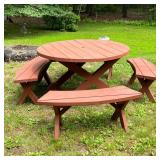 (5pc) Red Painted Circular Picnic Table Set | Classic style picnic table, painted red, with four con