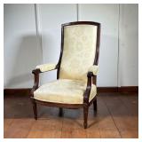 Carved Mahogany Slipper Chair | Carved mahogany chair with floral border and cream floral cushions. 