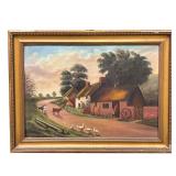 J. Hartnoll Farm Oil Painting | Depicts small farmhouse with barn, farrier fitting a horse with hors