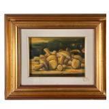 Enrico Tavino Mushroom Painting | Still life painting of mushrooms in gilt frame. Signed and dated ‘