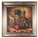 Enrico Tavino Still Life | Still life oil painting depicting various pitchers and other vessels. Sig
