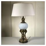 Porcelain Brass Oil Lamp | White porcelain oil lamp on very detailed raised brass base. Electrified 