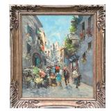 E.B. De Angelis Signed Oil Painting | Early 20th century oil painting depicting a market scene on bu
