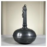Pewter Bulbous Flask | Pewter Flask with cap on chain. Unknown touch marks on bottom. Great Patina. 