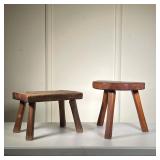 (2pc) Carved Stools | One round and one rectangular stool. Legs are pegged through top. - l. 14.75 x