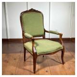 French Carved Arm Chair | Open armchair with shell and flower carving on crest. Cabriole legs. - l. 