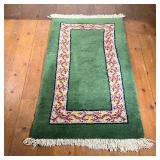 Small Green Moroccan Rug | Vintage green Moroccan rug with looping red and yellow pattern. "Morocco"