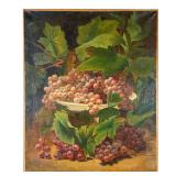 Still Life (20th Century) | Still life painting of grapes in a bowl and leaves. Signed indistinctly 
