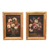 (2pc) Pr. Flower Bouquet Oil Painting | Pair of colorful flower bouquet oil paintings in gilt frames