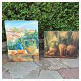 (2pc) Enrico Tavino Large Oil Paintings | These oil paintings depict pears, vases, and an Italian vi