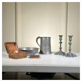 (6pc) Vintage Pewter & Chess Set Lot | Lot includes: (1) tankard 5” diameter, unknown touch mark. (2