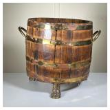 Regency Wine Cooler | Wine cooler with wooden staves, brass bands, brass handles, and paw feet. - h.