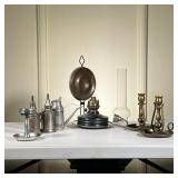 (8pc) Vintage Pewter & Tin Lighting Lot | Lot Includes: (2) Pair of Brass Chamber-sticks that can ha