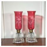 (2pc) Pair Cranberry Crystal Lamps | Glass, electrified oil lamps with floral cranberry-etched glass
