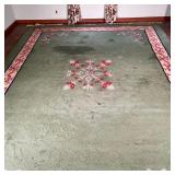 Large Green Morocco Rug | Green Moroccan room-sized rug with a red flower pattern. Label reads "Moro