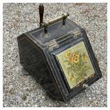 English Coal Scuttle | 19th-century stenciled black paint with flower-decorated, painted lid. Wood-h