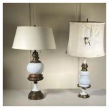 (2pc) White Porcelain Oil Lamps | Two similar oil lamps of white porcelain, brass and wood. Both con