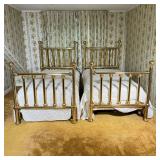 (2pc) Pair Brass Twin Beds | Brass twin bed frames with railing headboard and footboard. - l. 81 x w