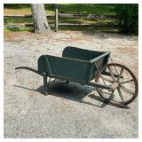 Painted Farm Wheelbarrow | Very nice Vintage wooden wheelbarrow with old green paint. Sides are remo