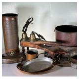(12pc) Vintage Copper, Brass & Wood Lot | Lot Includes: (2) Brass Cowbells with leather collars, (2)